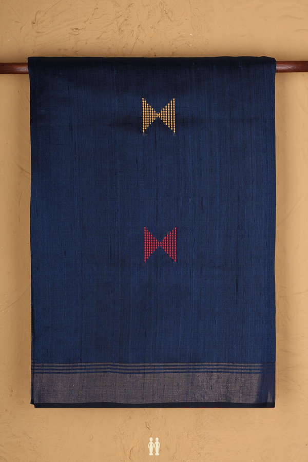 Jute Saree In Navy Blue With Threadwork Buttas