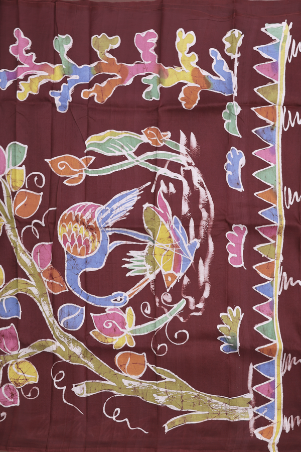 Printed Silk Saree In Dark Maroon With Allover Design