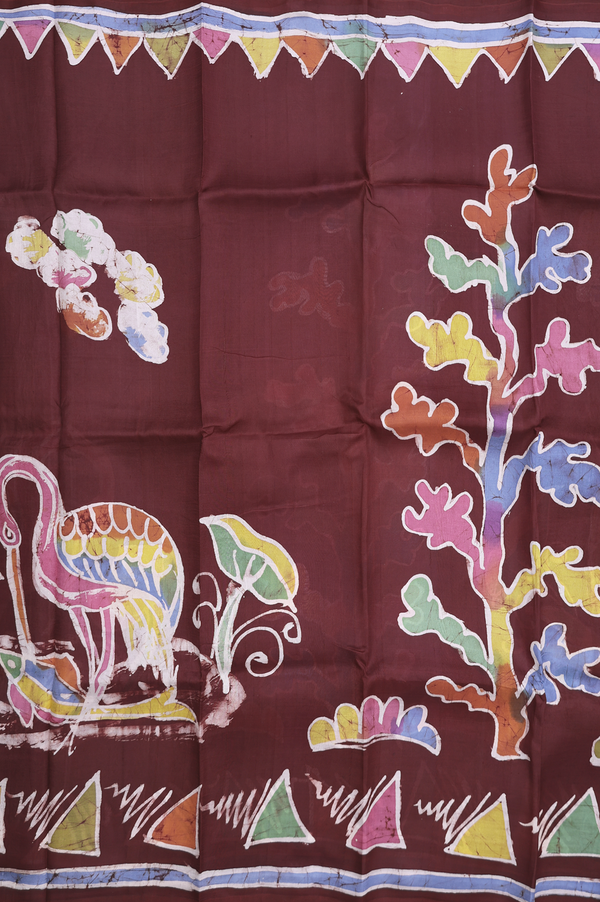 Printed Silk Saree In Dark Maroon With Allover Design