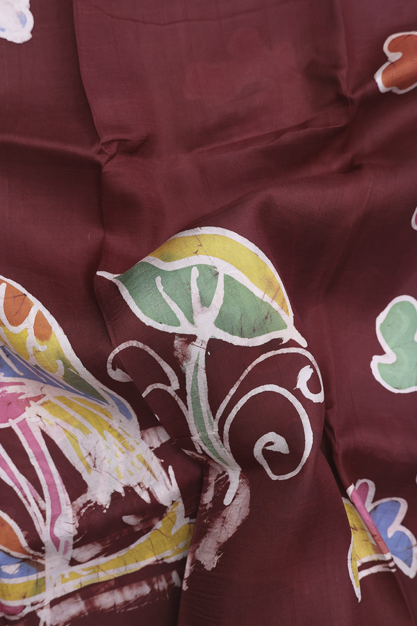 Printed Silk Saree In Dark Maroon With Allover Design