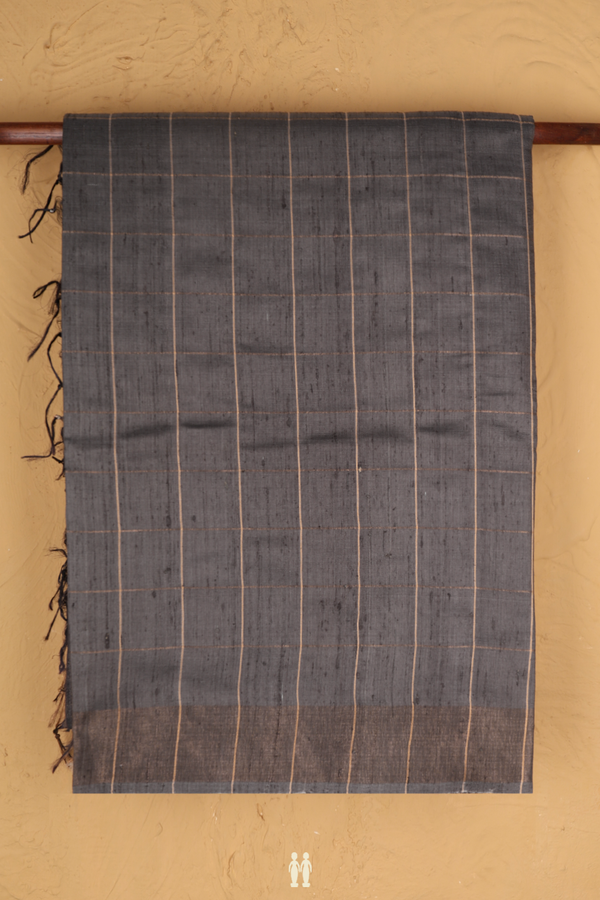Tussar Madhubani Silk Saree In Grey With Checks Design