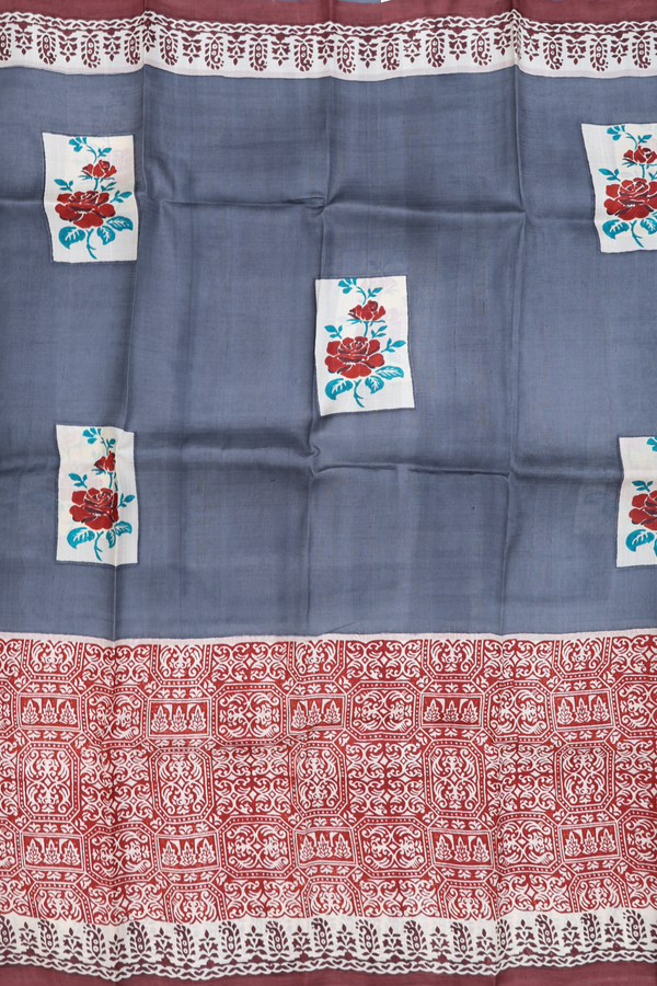 Printed Silk Saree In Grey With Floral Design