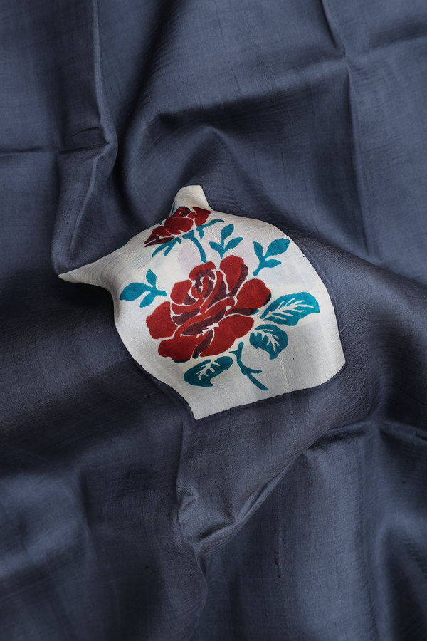 Printed Silk Saree In Grey With Floral Design