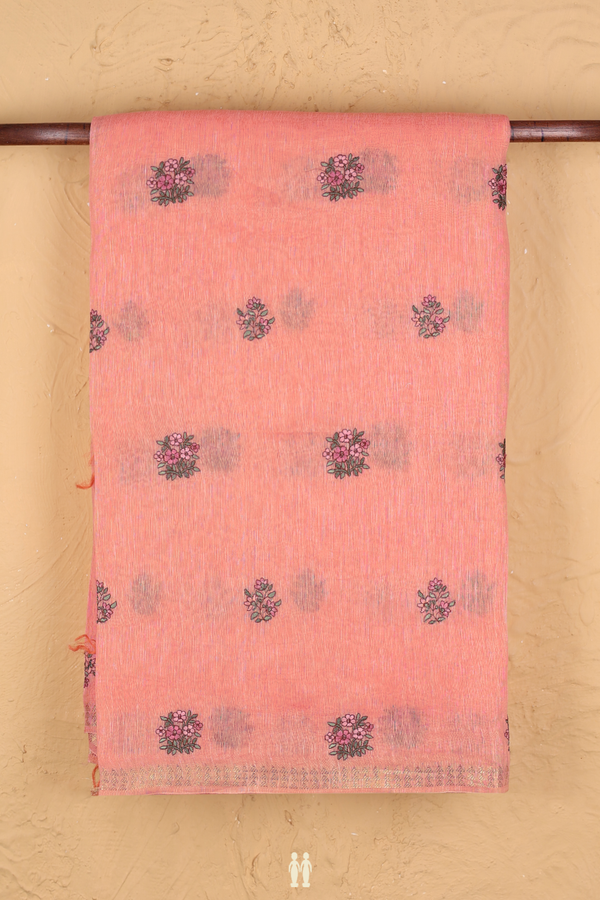 Linen Saree In Peach With Floral Buttas