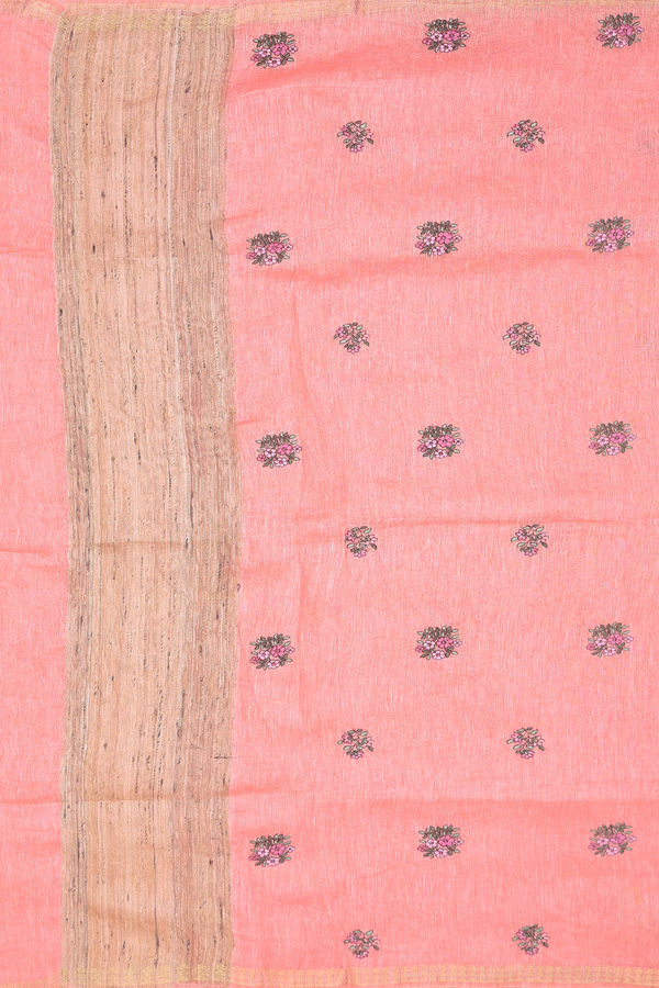 Linen Saree In Peach With Floral Buttas