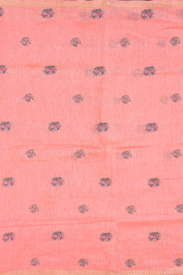 Linen Saree In Peach With Floral Buttas