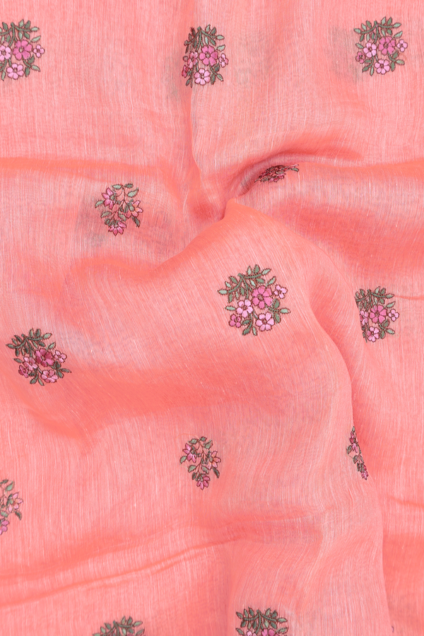 Linen Saree In Peach With Floral Buttas