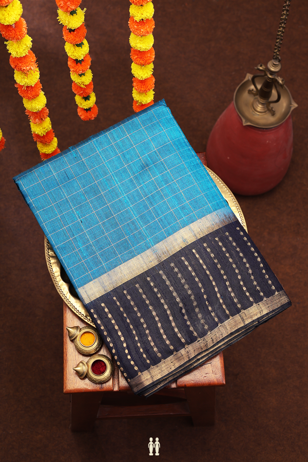 Jute Saree In Capri Blue With Checks Design