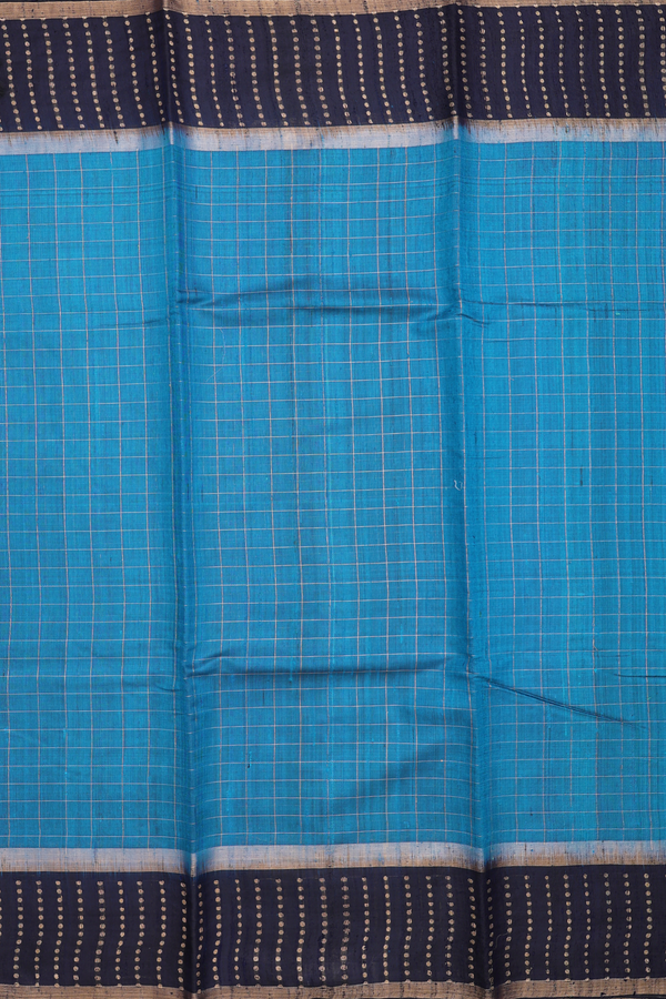 Jute Saree In Capri Blue With Checks Design