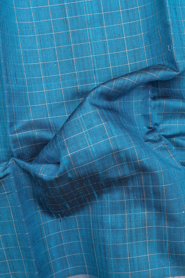 Jute Saree In Capri Blue With Checks Design