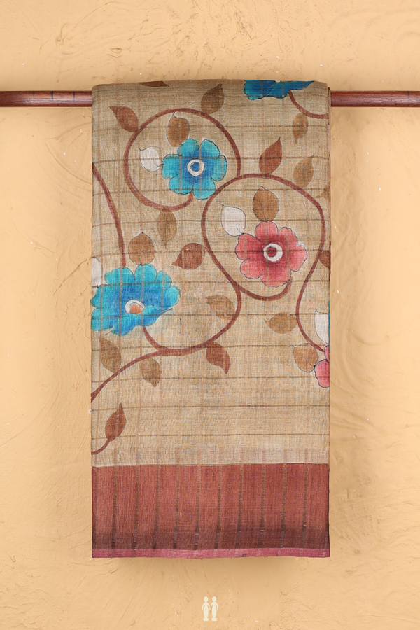 Tussar Silk Saree In Brown With Floral Printed Design