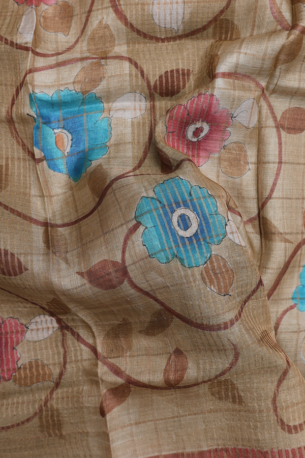Tussar Silk Saree In Brown With Floral Printed Design