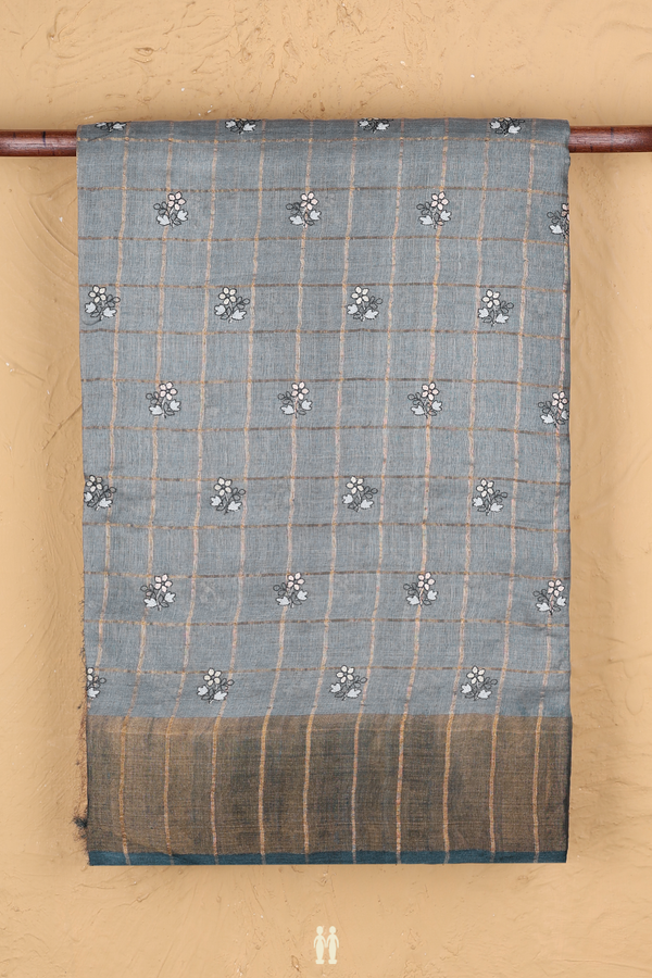 Tussar Silk Saree In Greenish Grey With Checks Design