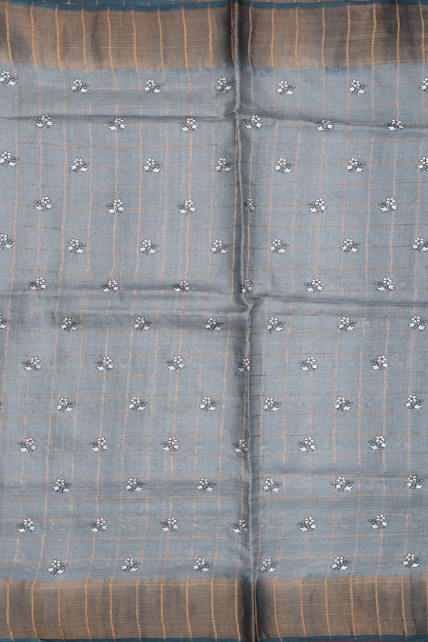 Tussar Silk Saree In Greenish Grey With Checks Design