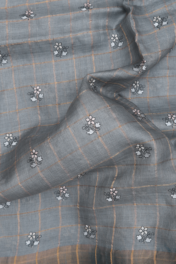 Tussar Silk Saree In Greenish Grey With Checks Design