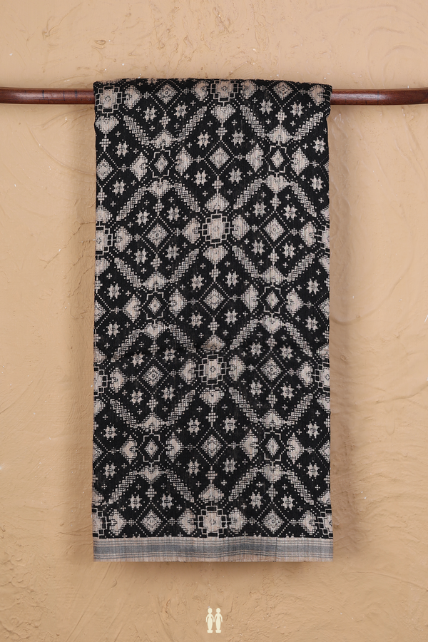 Tussar Silk Saree In Black With Threadwork Design