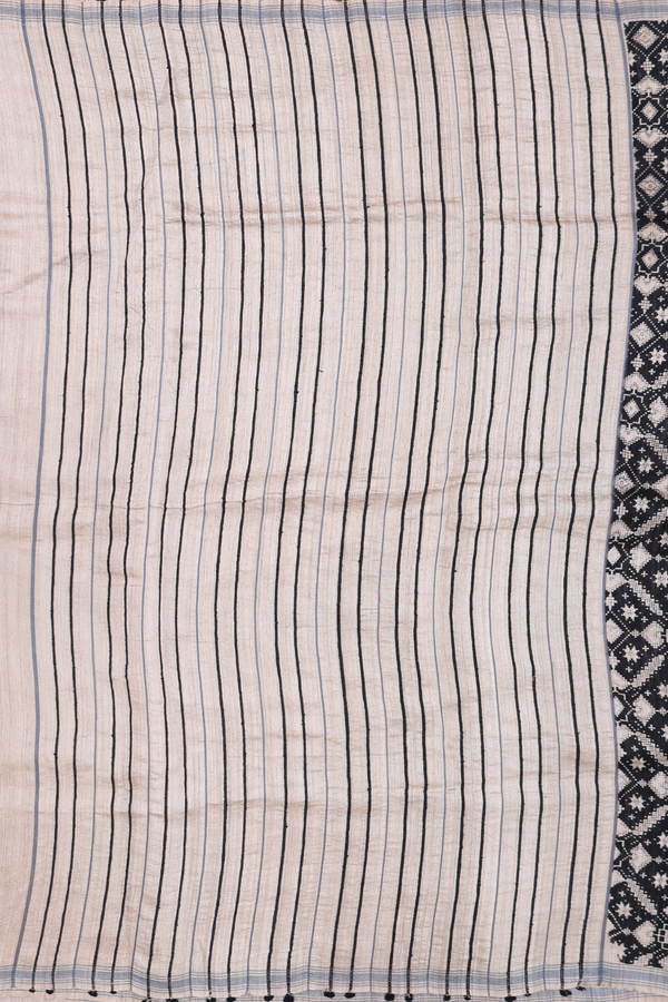 Tussar Silk Saree In Black With Threadwork Design