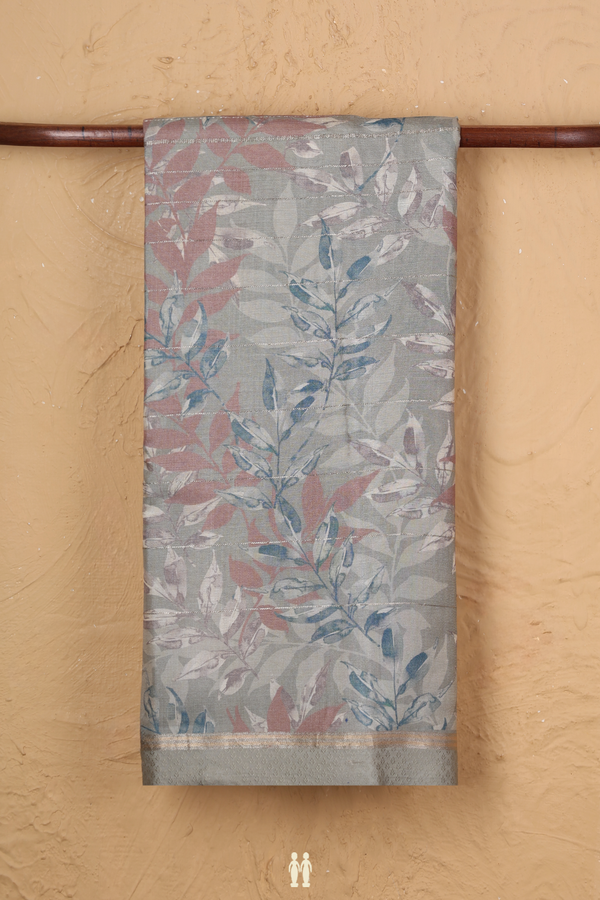 Tussar Silk Saree In Grey With Leaf Design