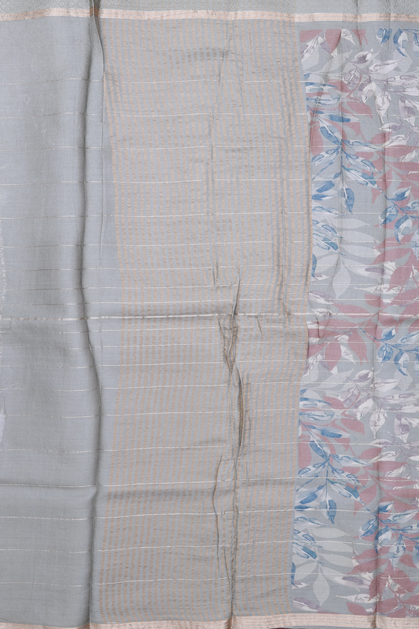 Tussar Silk Saree In Grey With Leaf Design