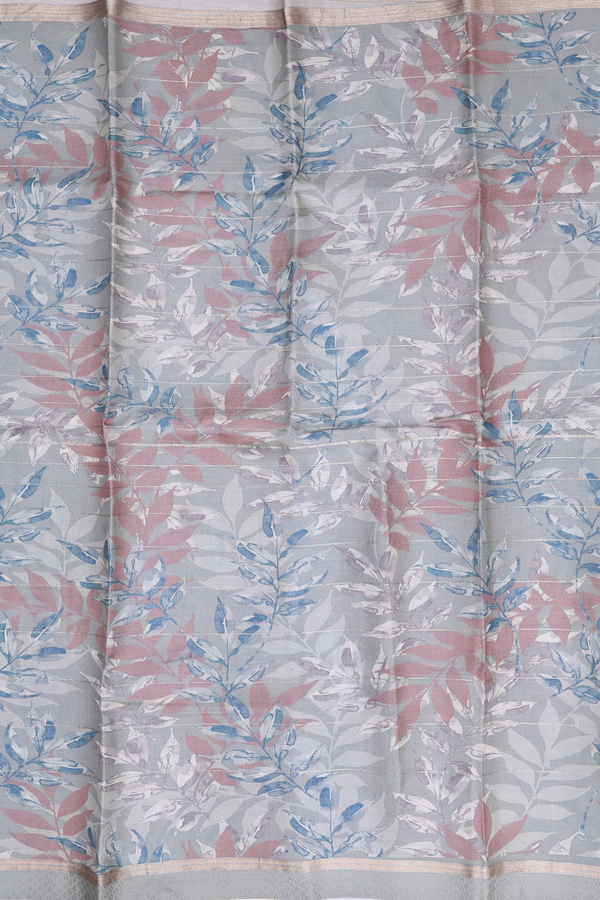 Tussar Silk Saree In Grey With Leaf Design