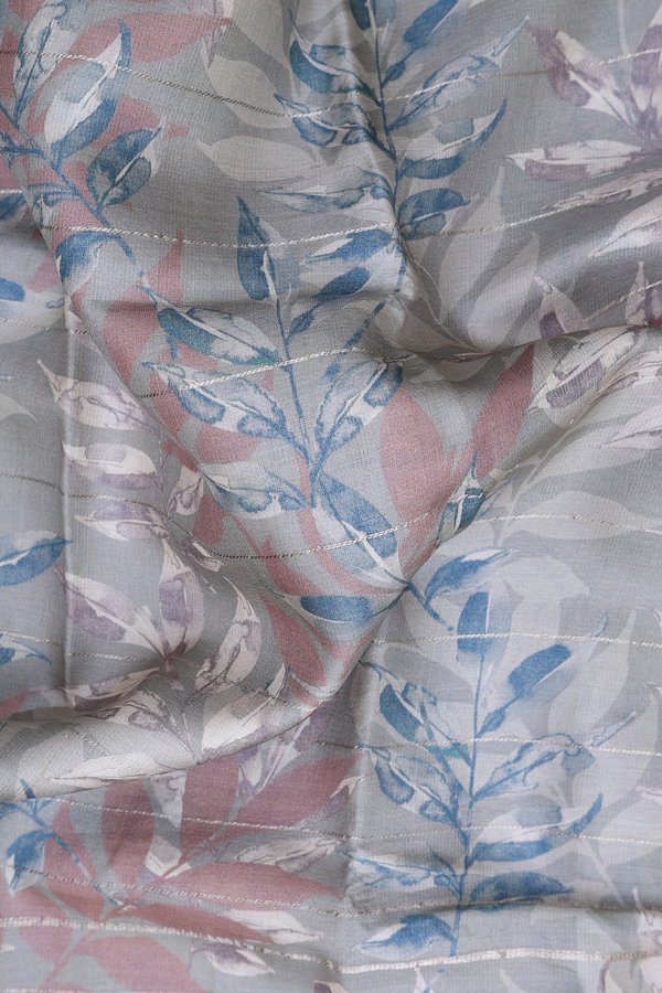 Tussar Silk Saree In Grey With Leaf Design
