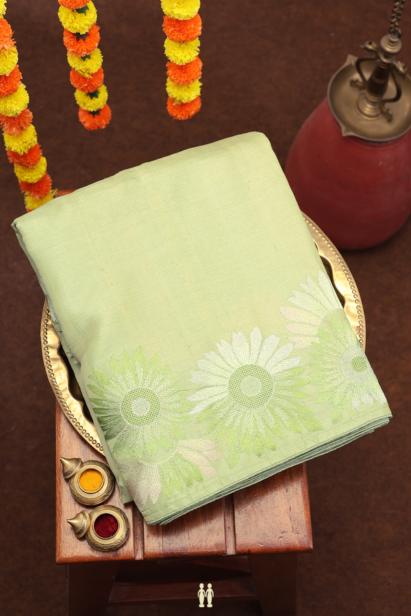 Tussar Silk Saree In Sage Green With Floral Border