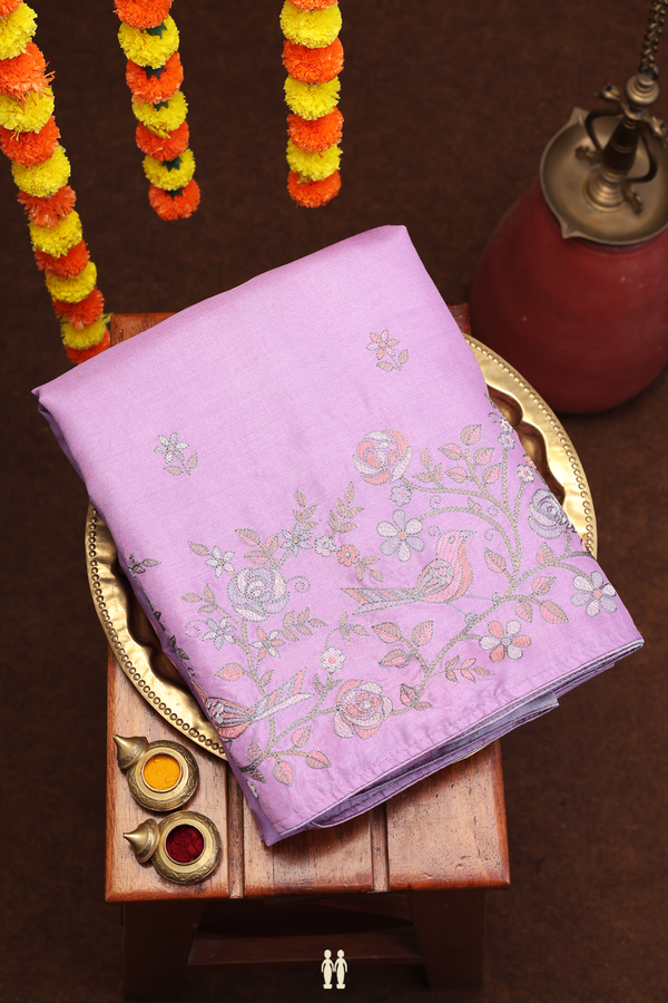 Tussar Silk Saree In Lavender With Embroidered Floral Buttas