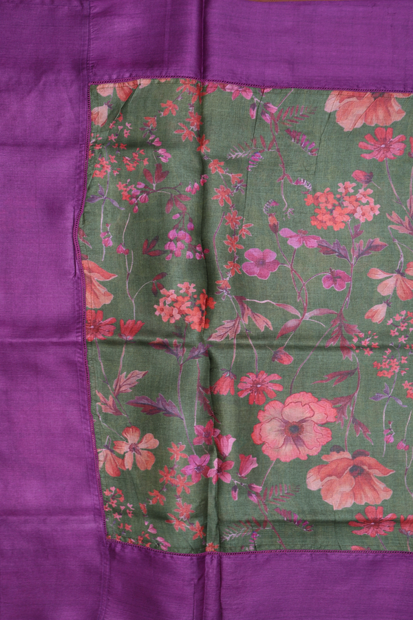 Tussar Silk Saree In Fern Green With Floral Printed Design