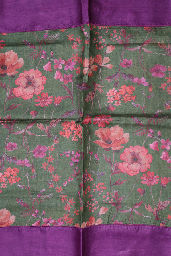 Tussar Silk Saree In Fern Green With Floral Printed Design