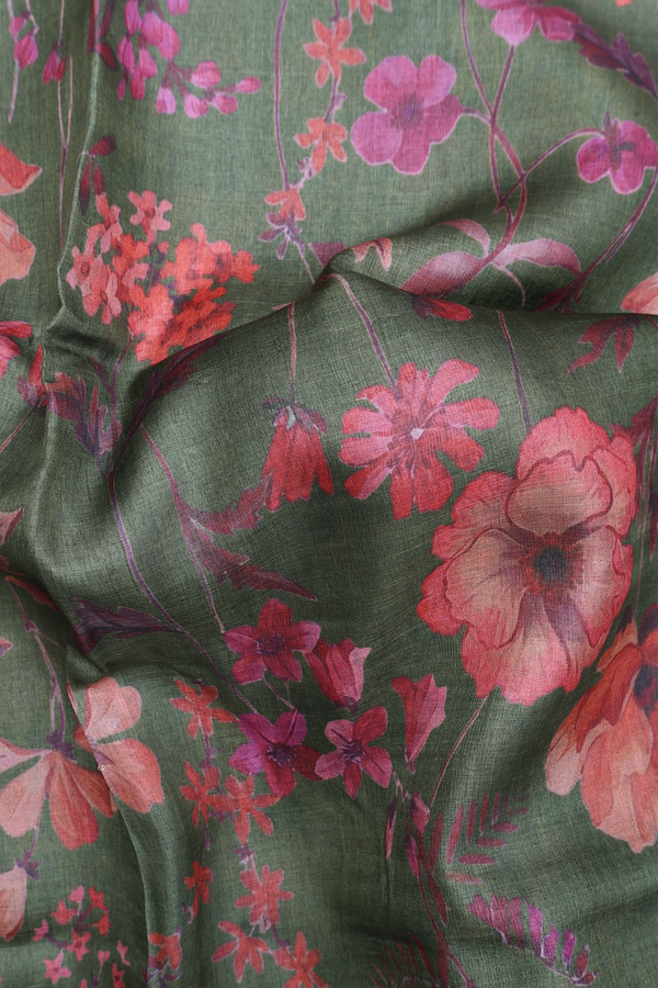 Tussar Silk Saree In Fern Green With Floral Printed Design
