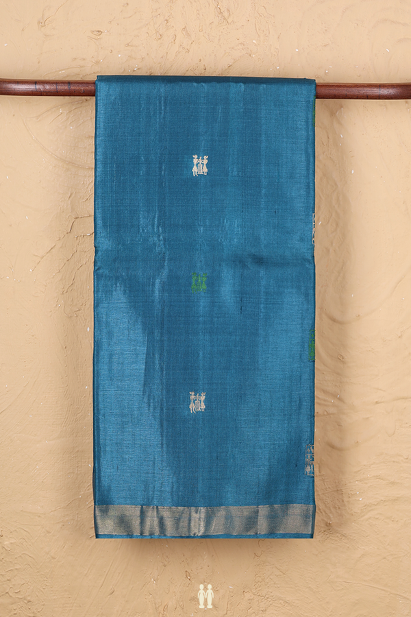Tussar Silk Saree In Capri Blue With Warli Design