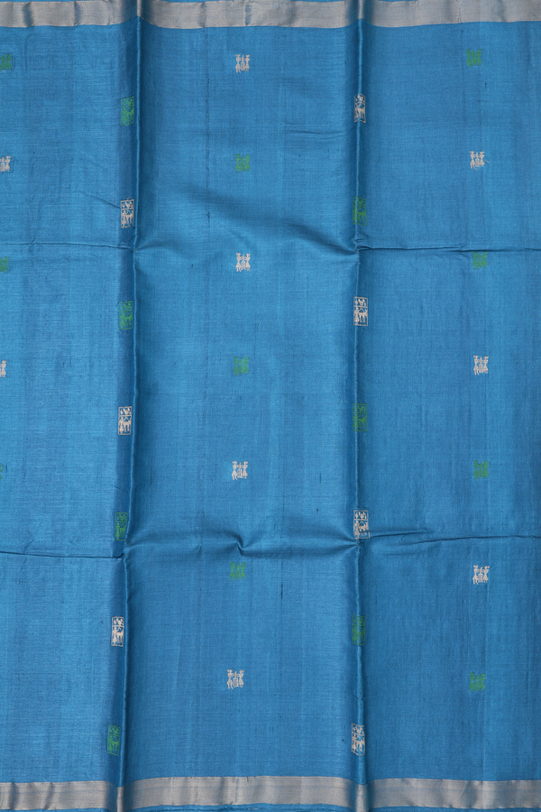 Tussar Silk Saree In Capri Blue With Warli Design