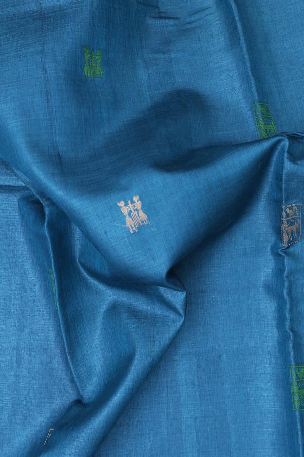 Tussar Silk Saree In Capri Blue With Warli Design
