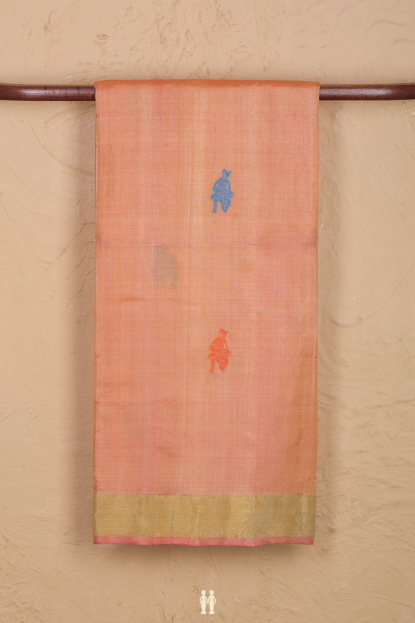 Tussar Silk Saree In Orange With Threadwork Buttas