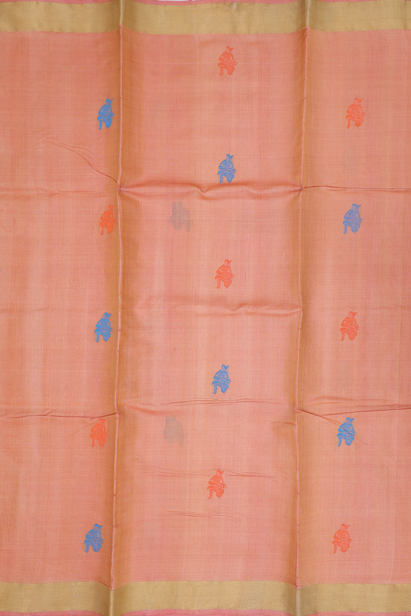 Tussar Silk Saree In Orange With Threadwork Buttas