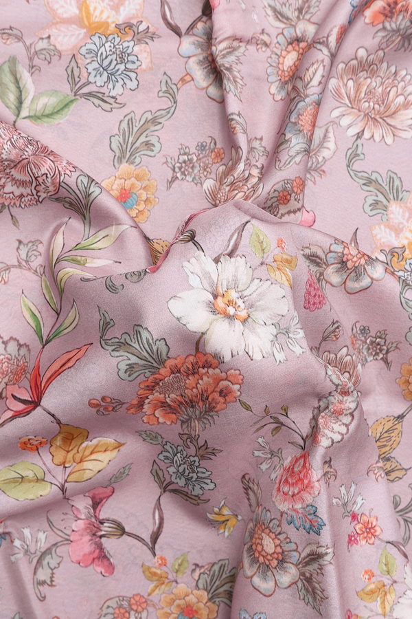 Printed Silk Saree In Blush Rose With Floral Design