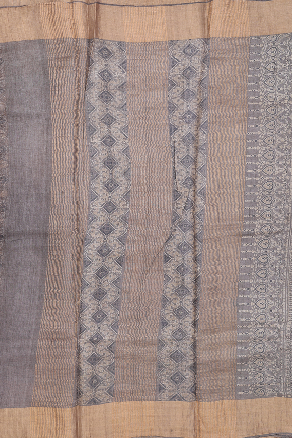 Tussar Silk Saree In Cedar Brown With Ajrakh Printed Design