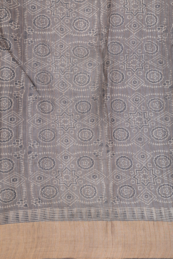 Tussar Silk Saree In Cedar Brown With Ajrakh Printed Design
