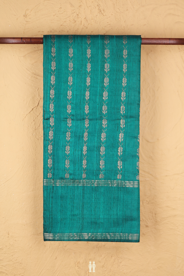 Jute Saree In Teal Green With Stripes Design