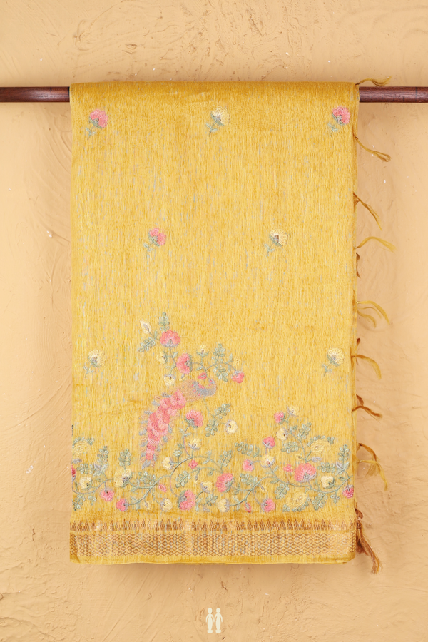 Linen Saree In Saffron Yellow Floral Design