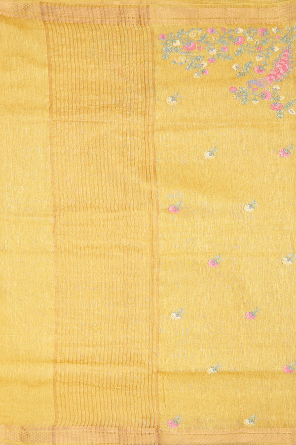 Linen Saree In Saffron Yellow Floral Design