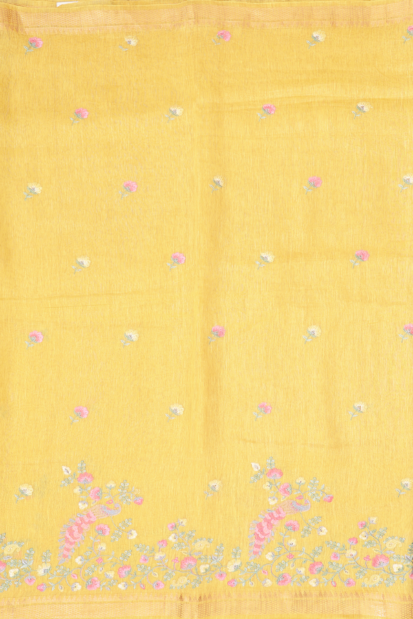 Linen Saree In Saffron Yellow Floral Design