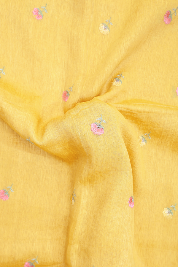 Linen Saree In Saffron Yellow Floral Design