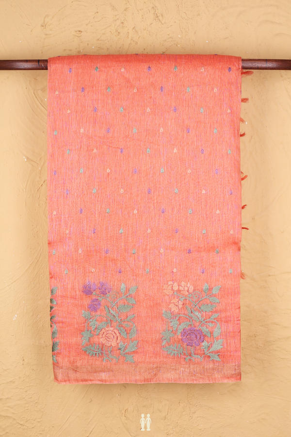 Linen Saree In Coral Pink With Threadwork Buttas