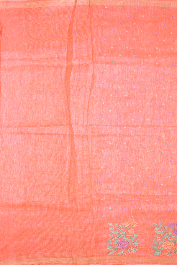 Linen Saree In Coral Pink With Threadwork Buttas