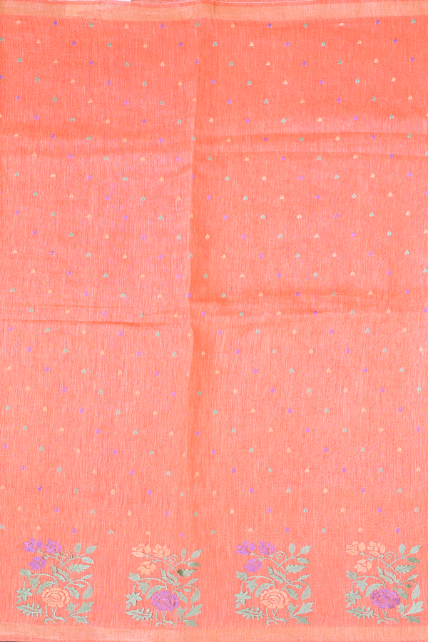 Linen Saree In Coral Pink With Threadwork Buttas