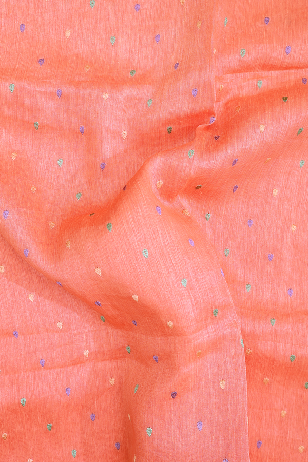 Linen Saree In Coral Pink With Threadwork Buttas