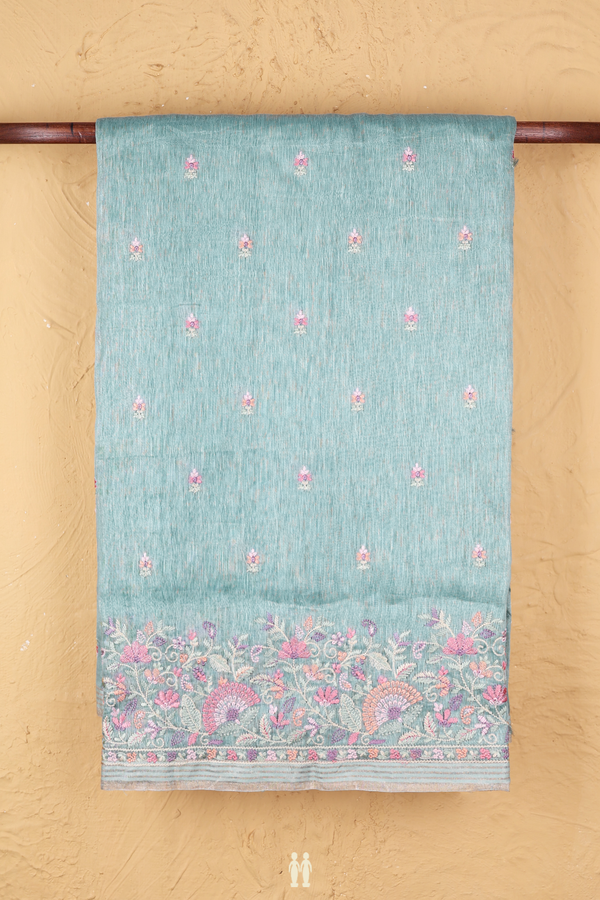 Linen Saree In Dusty Blue With Floral Buttas