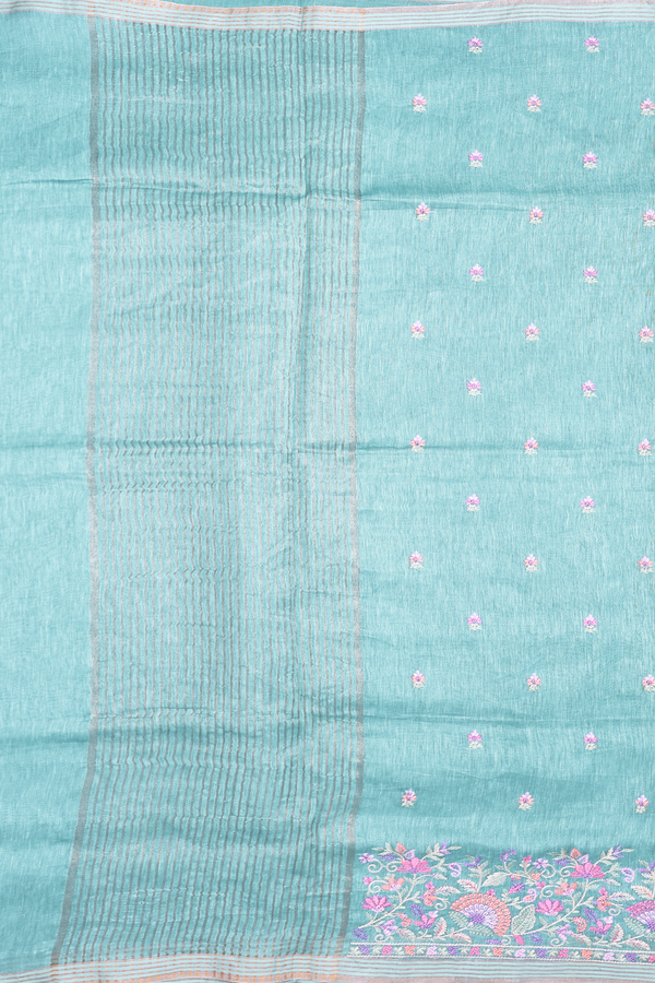 Linen Saree In Dusty Blue With Floral Buttas