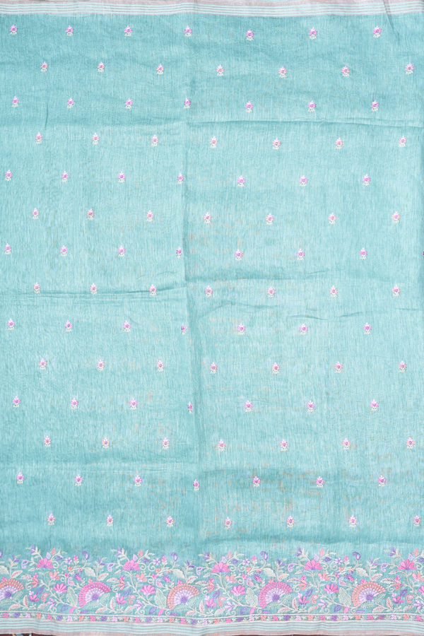 Linen Saree In Dusty Blue With Floral Buttas
